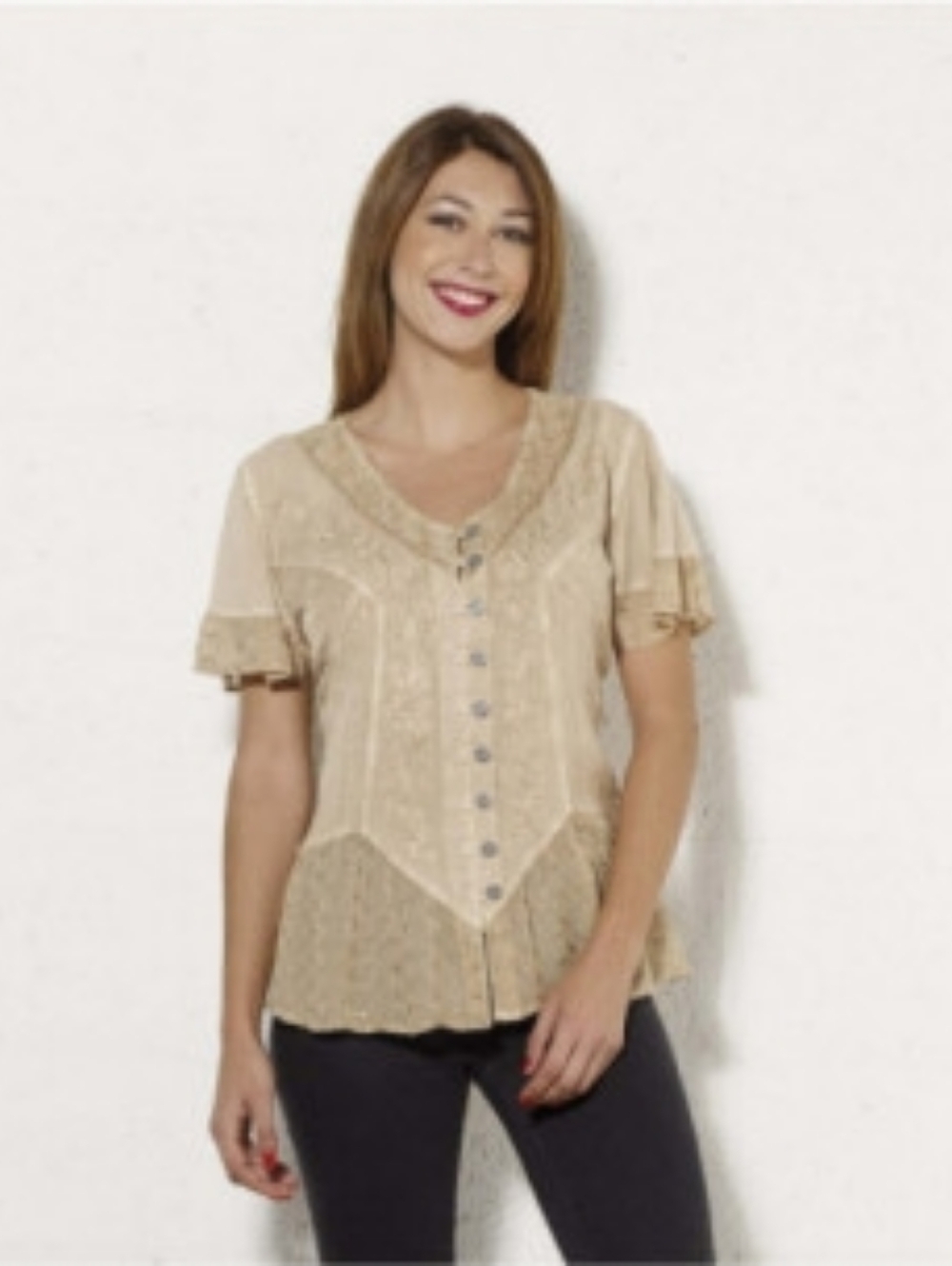Coline Two Boho  Embroidered Flowing Blouses Beige & StoneWash Grey